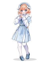  1girl beret blue_bow blue_bowtie blue_dress blue_hat blue_shoes blush bow bowtie capelet chocola_vt cloud_hair_ornament commentary crayon dress feathered_wings fidget_slug frilled_cuffs hair_ornament hat head_wings highres indie_virtual_youtuber layered_sleeves long_sleeves looking_at_viewer mary_janes medium_hair mini_wings official_alternate_costume official_alternate_hairstyle open_mouth orange_hair own_hands_together pantyhose pillowdear pillowdear_(school_uniform) pleated_dress second-party_source shiny_eyes shoes short_twintails simple_background sobbing solo star_(symbol) star_hair_ornament swept_bangs twintails untranslatable_commentary virtual_youtuber white_background white_pantyhose white_wings wings 