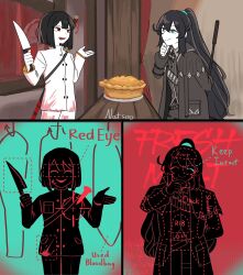  1boy 1girl absurdres black_hair blood food highres hong_lu_(project_moon) kitchen_knife knife limbus_company long_hair meat_chart meat_pie natsoo_(natsoomeee) pie project_moon r.b._(identity)_(project_moon) red_eyes ryoshu_(project_moon) short_hair 