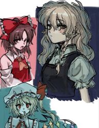  3girls ame_iru annoyed ascot bare_shoulders black_vest blonde_hair bow braid brown_eyes brown_hair closed_mouth crystal_wings detached_sleeves expressionless finger_to_mouth flandre_scarlet hair_between_eyes hakurei_reimu hat hat_ribbon highres kirisame_marisa looking_at_viewer missing_headwear mob_cap multiple_girls nontraditional_miko open_mouth red_bow red_eyes red_shirt red_vest ribbon shirt short_sleeves side_braid side_ponytail sleeveless sleeveless_shirt smile touhou upper_body vampire vest white_shirt wings yellow_ascot yellow_eyes 