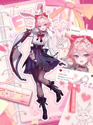  1girl animal_ears asymmetrical_gloves asymmetrical_sleeves black_boots black_gloves black_pantyhose boots bow bowtie commentary english_commentary evanescia_(honkai:_star_rail) flower fox_ears fox_girl gloves hair_between_eyes hair_flower hair_ornament high_heel_boots high_heels highres honkai:_star_rail honkai_(series) jacket long_sleeves looking_at_viewer mismatched_gloves mismatched_sleeves open_mouth pantyhose partially_fingerless_gloves pink_hair red_bow red_bowtie shirt skirt smile solo standing standing_on_one_leg violet_eyes white_gloves white_jacket white_shirt yuna_(deadawon) 