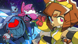  1girl 4boys absurdres animal_ears brown_hair cat_ears cat_girl cat_tail colored_sclera crying crying_with_eyes_open dinosaur dinosaur_tail dress gameoverse gauntlets glitch_prod goggles goggles_on_head grin highres kit_(gameoverse) looking_at_viewer medium_hair multiple_boys official_art one-eyed planet purple_scales red_eyes red_sclera shark_boy sharp_teeth ship smile tail tears teeth thick_eyebrows tongue upper_teeth_only v violet_eyes watercraft whiskers yellow_dress yellow_gauntlets 