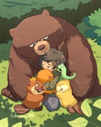  1girl bear beaver_tail black_hair buck_teeth closed_mouth commentary_request crown denim ellen_(hoppers) green_jacket highres hoppers_(pixar) hug jacket jeans king_george_(hoppers) lizard loaf_(hoppers) looking_at_another looking_down mabel_tanaka mabel_tanaka_(beaver) one_eye_closed open_mouth otter pants smile tail takatmaorange teeth tom_the_lizard_(hoppers) watermark 
