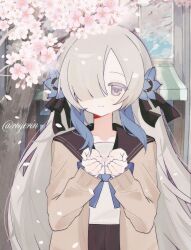  1girl anemone_(flower) black_sailor_collar blue_eyes blue_neckerchief blunt_bangs brown_cardigan cardigan cherry_blossoms commentary flower grey_eyes grey_hair hair_over_one_eye hair_ribbon highres isekaijoucho kamitsubaki_studio kuqirotu long_hair long_sleeves looking_at_viewer multicolored_hair neckerchief official_alternate_costume own_hands_together pleated_skirt ribbon sailor_collar school_uniform serafuku sidelocks skirt untranslatable_commentary 