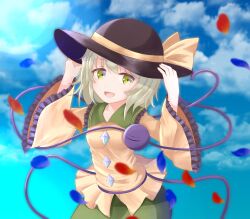 absurdres bow buttons clouds collared_shirt diamond_button disembodied_linked_eye frilled_shirt_collar frilled_sleeves frills green_eyes green_hair green_skirt hat hat_bow highres holding_headgear komeiji_koishi long_sleeves open_mouth petals shirt short_hair skirt third_eye touhou wottosei yellow_bow yellow_shirt 