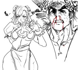  1boy 1girl blood blush bracelet bun_cover china_dress chinese_clothes chun-li commentary_request double_bun dress hair_bun heart heart_hands highres jewelry korean_commentary lineart nosebleed pelvic_curtain ryu_(street_fighter) sketch spiked_bracelet spikes street_fighter studded_bracelet tetpyu thick_thighs thighs unitard 
