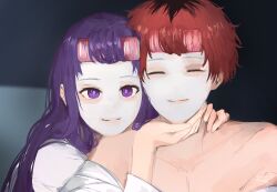  1boy 1girl absurdres beauty_mask closed_eyes closed_mouth fern highres kumah_dessu long_hair purple_hair red_hair short_hair sousou_no_frieren stark_(sousou_no_frieren) upper_body violet_eyes 