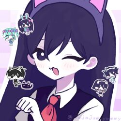  2girls 4boys animal_ear_hairband animal_ears antenna_hair artist_name aubrey_(headspace)_(omori) aubrey_(omori) barefoot basil_(headspace)_(omori) basil_(omori) black_eyes black_hair blush bright_pupils brother_and_sister brothers cat cat_ear_hairband cat_ears chibi colored_skin commentary dog_ear_hairband dog_ears double-parted_bangs fake_animal_ears flower flower_wreath green_eyes green_hair hair_between_eyes hairband head_wreath hero_(headspace)_(omori) hero_(omori) highres holding holding_knife holding_stuffed_toy jajajam_yummy kel_(headspace)_(omori) kel_(omori) knife long_hair looking_at_viewer mari_(headspace)_(omori) mari_(omori) mewo mr._plantegg_(omori) multiple_boys multiple_girls omori omori_(omori) one_eye_closed open_mouth outline purple_hair rabbit_ear_hairband rabbit_ears siblings smile stuffed_eggplant stuffed_toy twitter_username violet_eyes white_outline white_pupils white_skin 