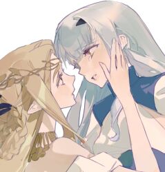  2girls aurora_(fate) blonde_hair braid circlet fate/grand_order fate_(series) hair_between_eyes hair_ornament hairclip half_up_braid jewelry long_hair looking_at_another melusine_(fate) multiple_girls necklace open_mouth pointy_ears qiminghaonan99820 simple_background tearing_up upper_body white_background white_hair yellow_eyes yuri 