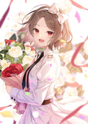 1girl absurdres arpeggio_art belt black_belt black_necktie blush bouquet bow commentary ebizuka_tomo flower girls_band_cry grey_hair hair_bow highres holding holding_bouquet long_sleeves necktie open_mouth red_eyes red_flower red_ribbon red_rose ribbon rose short_hair solo tulip white_background white_bow white_flower white_rose white_tulip 