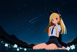  1girl animal_ears blonde_hair blue_eyes blush cat_ears commentary_request flat_chest flower highres long_hair looking_at_viewer mountainous_horizon night o32_(omitsu) original outdoors pleated_skirt shooting_star sitting skirt sky smile solo star_(sky) starry_sky 