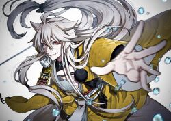  1boy artist_name black_pants blurry blurry_foreground closed_mouth hair_flaps jagajaga japanese_clothes kimono kogitsunemaru long_hair long_sleeves looking_at_viewer male_focus open_hand outstretched_arm pants red_eyes simple_background smile solo third-party_source touken_ranbu upper_body water_drop white_background white_hair yellow_kimono 