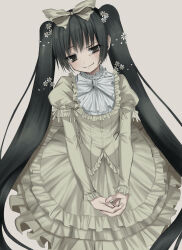  1girl absurdres black_hair bow bowtie brown_eyes commentary_request dress eyelashes fingernails flower frilled_dress frilled_sleeves frills grey_background hair_between_eyes hair_bow hair_flower hair_ornament highres juliet_sleeves kasukasugom1 lolita_fashion long_dress long_hair long_sleeves looking_at_viewer ootori_hanae own_hands_together parted_lips puffy_sleeves sidelocks simple_background smirk solo soukou_akki_muramasa straight_hair twintails v_arms very_long_hair white_bow white_bowtie white_flower yellow_bow yellow_dress 