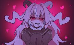  absurdres animal_horns blush commentary_request drooling femme_soule glowing glowing_eyes hands_on_own_cheeks hands_on_own_face heart heart_background highres horns long_hair pink_background pink_eyes pukey_goddess_shot_trick silenzuka yandere 