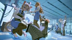 1boy 3girls ahoge animal_ears animal_nose blue_eyes blue_shoes blue_skirt box brown_hair cardboard_box carrying cat_ears cat_girl cat_tail ceiling collared_shirt commentary company_logo computer denchou dog_ears dog_girl dog_tail english_commentary floor floppy_ears furry furry_female furry_male glasses grey_hair hair_ornament hairclip highres long_hair multiple_girls necktie non-humanoid_robot office original pants pantyhose papers pencil_skirt pinstripe_pattern pinstripe_shirt rabbit_boy rabbit_ears rabbit_tail reflective_floor robot shirt shoes skirt smile suspenders tail 