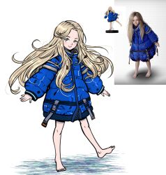  1girl absurdres aqua_eyes bare_legs barefoot blonde_hair blue_coat closed_mouth coat commentary diana_(pragmata) english_commentary full_body highres long_hair long_sleeves looking_at_viewer padded_coat pragmata puffy_coat puffy_long_sleeves puffy_sleeves reference_inset rocckart simple_background sleeves_past_wrists smile solo standing standing_on_one_leg white_background 