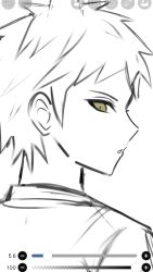  1boy :o art_program_in_frame danganronpa_(series) danganronpa_2:_goodbye_despair eggydgrp green_eyes highres hinata_hajime ibispaint_(medium) monochrome polo_shirt shirt short_hair sketch solo white_background 