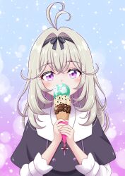  1girl absurdres antenna_hair black_capelet blue_background blush brown_hair capelet commentary_request eating food gradient_background grey_hair hair_between_eyes hair_intakes highres holding holding_food holding_ice_cream holding_ice_cream_cone ice_cream ice_cream_cone jewelry long_hair long_sleeves looking_at_viewer meitantei_precure! moria_luluka necklace pendant pink_background precure reimei_(r758120518) simple_background solo upper_body violet_eyes white_background 