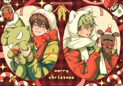  2boys alien_stage animal_ear_headwear beanie bow candy candy_cane chocorocotan christmas commentary english_commentary food gingerbread_man green_sweater hat holding holding_stuffed_toy hot_chocolate ivan_(alien_stage) jacket male_focus marshmallow merry_christmas mistletoe multiple_boys plaid_background pom_pom_(clothes) pom_pom_beanie red_background red_jacket red_scarf scarf scarf_bow smile stuffed_toy sweater till_(alien_stage) tongue tongue_out white_scarf 