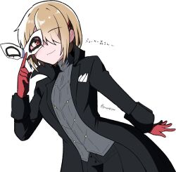  1girl amamiya_ren amamiya_ren_(cosplay) black_coat black_pants blonde_hair coat cosplay cowboy_shot dutch_angle eye_mask gloves grey_shirt hair_ornament hair_over_one_eye hairclip heaven_burns_red holding holding_mask joker_(persona_5) kayamori_ruka leaning_forward long_bangs long_sleeves looking_at_viewer mask one_eye_covered open_clothes open_coat pants parallel_hairclips persona persona_5 puyopiku red_eyes red_gloves shirt short_hair simple_background solo translation_request twitter_username white_background 
