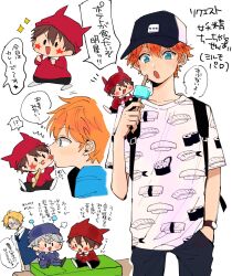 !? 4boys akehoshi_subaru backpack bag baseball_cap biting biting_cheek black_pants blonde_hair blue_eyes blue_hat brown_hair chibi commentary ensemble_stars! facial_mark food grey_hair hand_in_pocket hat highres holding holding_food holding_popsicle mitobinyo morisawa_chiaki multiple_boys multiple_views open_mouth orange_hair pants popsicle print_shirt red_hat red_shirt sena_izumi_(ensemble_stars!) shirt short_sleeves simple_background speech_bubble star_(symbol) star_facial_mark thought_bubble translation_request watch watch white_background white_shirt yuuki_makoto_(ensemble_stars!) 