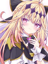  1girl antenna_hair black_bow black_capelet black_dress blonde_hair bow brooch capelet commentary_request cure_arcana_shadow diamond_hairband dress frilled_capelet frilled_cuffs frills gradient_hair hair_intakes heart heart_brooch highres jewelry long_hair looking_at_viewer magical_girl meitantei_precure! moria_luluka multicolored_hair nanase_nao precure purple_nails purple_veil purple_wrist_cuffs simple_background solo veil violet_eyes white_background wrist_cuffs 