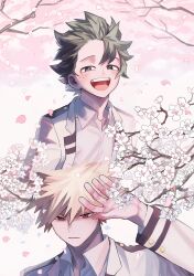  2boys :d arm_up bakugou_katsuki blonde_hair blush boku_no_hero_academia branch buttoned_cuffs buttons cherry_blossoms collared_shirt commentary_request cropped_torso double_horizontal_stripe eyebrows_hidden_by_hair falling_petals flower freckles green_eyes green_hair grey_jacket hair_between_eyes happy highres jacket lapels long_sleeves looking_at_viewer male_focus midoriya_izuku mori_dosukoi multiple_boys multiple_pov narrowed_eyes no_necktie no_neckwear notched_lapels open_clothes open_collar open_hand open_jacket open_mouth parted_lips partial_commentary petals pink_petals pov raised_eyebrows red_eyes school_uniform shading_eyes shirt short_hair side_part sideways_glance smile spiky_hair teeth tsurime u.a._school_uniform upper_teeth_only v-shaped_eyebrows white_flower white_petals white_shirt wing_collar 