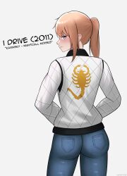  1girl absurdres ass blonde_hair blue_eyes blush closed_mouth commentary_request denim drive_(movie) english_text feet_out_of_frame from_behind girls_frontline hands_in_pockets highres jacket jeans long_hair long_sleeves looking_at_viewer pants ponytail ryan_gosling scar-h_(girls'_frontline) sidelocks simple_background solo standing undercoder white_background white_jacket 