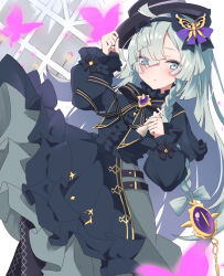  1girl ahoge arm_up belt black_belt black_bow black_bowtie black_dress black_hat black_pantyhose blunt_ends bow bow_hairband bowtie braid bug butterfly catriona chess_piece closed_mouth commentary_request dress frilled_dress frills gem gothic_lolita grey_dress grey_eyes hair_over_one_eye hairband hat highres holding holding_unworn_clothes holding_unworn_hat lolita_fashion long_hair looking_at_viewer pantyhose patterned_legwear pink_butterfly pleated_dress purple_gem rooon_c shadowverse shadowverse:_worlds_beyond simple_background solo two-tone_dress unworn_hat unworn_headwear 