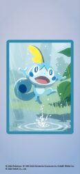  absurdres blue_border blue_eyes border bright_pupils commentary_request company_name copyright_name copyright_notice full_body grass highres hyogonosuke leaf midair no_humans nostrils official_art open_mouth outdoors pokemon pokemon_(creature) pokemon_focus pokemon_tcg pokemon_tcg_pocket rain ripples sobble solo water white_pupils 
