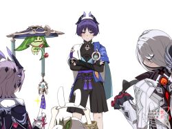  2boys 2girls anemo_symbol_(genshin_impact) animal_ears aranara_(genshin_impact) arlecchino_(genshin_impact) armor arms_up belt black_belt black_bodysuit black_bow black_bridal_gauntlets black_coat black_hair black_hands black_horns black_shorts black_sleeves blue_cape blue_gem blue_hat blue_jingasa blue_kimono blue_sleeves blunt_ends bodysuit borrowed_clothes bow bracelet bridal_gauntlets cape choppy_bangs clenched_hands closed_mouth coat collared_coat colored_extremities contrast_collar crossed_arms dragon_boy dragon_horns durin_(genshin_impact) eyeliner facing_another fake_animal_ears fake_horns feathers frilled_sleeves frills furisode gem genshin_impact gloves gold gold_bracelet green_hairband grey_eyes hairband hakama hakama_shorts hand_on_own_arm hat highres holding horn_hairband horns ituduki japanese_armor japanese_clothes jewelry jingasa juban kimono kote kurokote layered_sleeves long_hair looking_at_viewer low-tied_long_hair makeup mandarin_collar multiple_boys multiple_girls mushroom nahida_(genshin_impact) open_clothes open_kimono pleated_shorts purple_hair purple_hat purple_horns purple_rope purple_sash pyro_symbol_(genshin_impact) rabbit_ears red_eyeliner red_gem red_sleeves rope sash scaramouche_(genshin_impact) short_sleeves shorts shoulder_peek side_cape silver_bracelet sweatdrop tassel thumbs_up tsurime two-sided_fabric two-sided_headwear vision_(genshin_impact) wanderer_(genshin_impact) watermark white_background white_coat white_gloves white_hair white_kimono white_sleeves white_trim yellow_feathers 