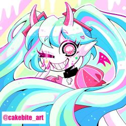  1girl :d ;d alternate_skin_color arm_at_side bare_arms big_hair black_choker black_eyes blood blood_from_mouth blood_on_face blue_hair choker colored_skin commentary cutout_eyelashes demon_girl demon_horns english_commentary facial_mark fingernails frilled_sleeves frills green_background green_streaks grin hair_behind_ear hair_ornament hand_up hatsune_miku heart horns instagram_username inward_v long_fingernails long_hair multicolored_hair no_nose one_eye_closed outline pink_background pink_blood pink_horns pink_nails pink_streaks pointy_ears puffy_short_sleeves puffy_sleeves raised_eyebrows red_shirt saturated sharp_fingernails sharp_teeth shirt short_eyebrows short_sleeves sidelocks simple_background single_sidelock skull_choker smile solo sonadrawzstuff star_(symbol) star_facial_mark streaked_hair tareme teeth twintails upper_body v very_big_eyes very_long_hair vocaloid white_background white_outline white_skin white_streaks yellow_background 