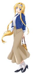  1girl :d alice_zuberg alternate_costume ankle_socks arms_behind_back asagi501 bag black_shoes blonde_hair blue_eyes blue_jacket braid braided_ponytail breasts brown_skirt collared_shirt commentary_request floating_hair hair_intakes handbag high_collar high_heels jacket large_breasts long_hair long_sidelocks long_skirt long_sleeves open_clothes open_jacket open_mouth shirt shirt_tucked_in shoes sidelocks skirt smile socks solo standing sword_art_online sword_art_online:_alicization tented_shirt very_long_hair very_long_sidelocks white_shirt white_socks yellow_bag 