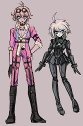  1boy 1girl absurdres ahoge android antenna_hair aoiringo arm_belt armor barbed_wire belt black_choker blonde_hair blue_eyes boots choker commentary danganronpa_(series) danganronpa_v3:_killing_harmony eyelashes fingerless_gloves full_body genderswap genderswap_(ftm) genderswap_(mtf) gloves goggles goggles_on_head grey_background grey_hair hair_between_eyes hand_on_own_hip height_difference highres iruma_miu joints k1-b0 knee_boots light_smile looking_at_viewer looking_to_the_side medium_hair o-ring o-ring_belt pectoral_cleavage pectorals pink_shirt power_armor ringed_eyes robot_ears robot_joints school_uniform shirt short_hair simple_background skirt standing thigh_belt thigh_strap white_hair 