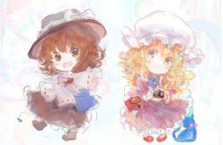  2girls :d adapted_costume back_bow black_boots black_hat black_skirt blonde_hair blue_bow blue_bowtie blue_eyes blush boots bow bowtie brown_eyes brown_hair camera chibi chibi_only closed_mouth commentary dress frilled_dress frilled_shirt_collar frilled_sleeves frills hat hat_bow holding holding_camera leg_up long_hair long_sleeves maribel_hearn mob_cap multiple_girls open_mouth purple_dress red_bow red_shoes retrospective_53_minutes ribbon-trimmed_shirt ribbon-trimmed_sleeves ribbon_trim shirt shoes skirt smile socks standing touhou usami_renko uwazumi white_hat white_shirt white_socks wide_sleeves 