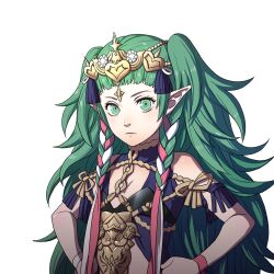  1girl artist_request braid closed_mouth fire_emblem fire_emblem:_three_houses flat_chest green_eyes green_hair hair_ribbon hands_on_own_hips highres lips long_hair looking_at_viewer official_art pointy_ears ribbon ribbon_in_braid simple_background solo sothis_(fire_emblem) tiara transparent_background twin_braids upper_body very_long_hair 