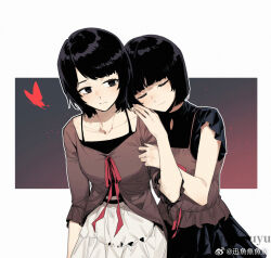  2girls above-cleavage_cutout amakura_mayu amakura_mio arm_at_side belt black_background black_belt black_camisole black_eyes black_hair black_shirt black_skirt bob_cut brown_camisole brown_shirt bug butterfly camisole camisole_over_clothes chinese_commentary closed_eyes closed_mouth clothing_cutout collarbone commentary_request cowboy_shot fatal_frame fatal_frame_ii:_crimson_butterfly frilled_camisole frilled_sleeves frills gradient_background grey_background hand_on_another's_arm hand_on_own_shoulder hand_up head_on_another's_shoulder heads_together light_particles light_smile looking_at_another looking_to_the_side multiple_girls outline red_background red_butterfly red_ribbon ribbon shirt short_hair short_sleeves siblings side-by-side sideways_glance sisters skirt standing three-quarter_sleeves twins twitter_username watermark weibo_watermark white_outline white_skirt xunyu_(manyu) 