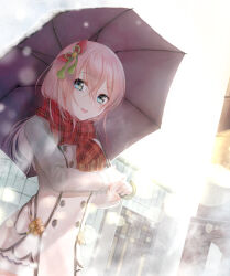  1girl absurdres amatou_cacao blue_eyes blurry blurry_foreground bokeh brown_coat buttons coat commentary_request depth_of_field double-breasted dutch_angle enpera hair_between_eyes hair_ornament highres holding holding_umbrella long_hair long_sleeves looking_at_viewer open_mouth original outdoors pink_hair plaid_clothes plaid_scarf purple_umbrella red_scarf scarf smile snow snowing solo tassel tassel_hair_ornament umbrella upper_body winter_clothes 