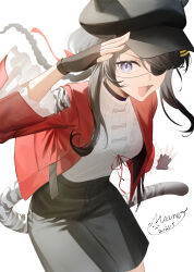  1girl 9_vcat :d alternate_costume animal_hat arknights arknights:_endfield black_gloves black_hair blue_eyes cat_hat commentary eyepatch fang fingerless_gloves gloves hat highres long_hair low-tied_long_hair one_eye_covered open_mouth pencil_skirt skin_fang skirt smile tail tangtang_(arknights) tiger_girl tiger_tail visor_cap white_background 