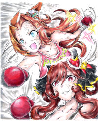  animal_ears bare_shoulders blue_eyes boxing boxing_gloves braid braided_hair_rings brown_hair commentary_request ear_covers garyuu_ryuuga gentildonna_(umamusume) hair_rings heart_ear_ornament highres horse_ears horse_girl incoming_attack incoming_punch kawakami_princess_(umamusume) long_hair motion_lines multiple_views open_mouth punching red_eyes speed_lines sweat tank_top traditional_media umamusume upper_body 