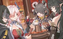  4girls :d ahoge animal_ears arknights arknights:_endfield black_hair blush bowl chopsticks commentary_request covered_eyes dragon_girl endministrator_(arknights) eyepatch female_endministrator_(arknights) food food_request hair_ornament hairpin holding holding_bowl holding_chopsticks horns mask mi_fu_(arknights) multiple_girls one_eye_covered pink_hair pointy_ears restaurant smile tangtang_(arknights) teeth tiger_ears tiger_girl touchika zhuang_fangyi_(arknights) 