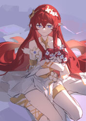  1girl absurdres ancient_greek_clothes bare_shoulders blue_eyes character_doll commentary cross-shaped_pupils doll dress enqiddo flower gladiator_sandals greco-roman_clothes hair_flower hair_ornament highres honkai:_star_rail honkai_(series) hugging_doll hugging_object long_hair pointy_ears red_hair sandals sitting smile solo symbol-shaped_pupils trianne_(honkai:_star_rail) tribbie_(honkai:_star_rail) tribios_(honkai:_star_rail) trinnon_(honkai:_star_rail) very_long_hair wariza white_dress 