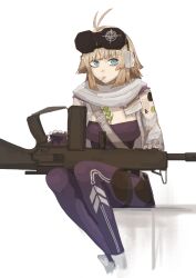  1010kman 1girl aa-12 aa-12_(girls'_frontline) blonde_hair blue_eyes girls'_frontline_2:_exilium girls_frontline gun highres pants purple_pants scarf short_hair shotgun sitting solo weapon weapon_on_lap white_scarf 