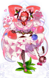  1girl absurdres animal_ears animal_hands asymmetrical_legwear blush bow bowtie cat_ears cat_tail chocolate commentary_request dress embarrassed food fruit full_body gloves heart highres houen idolmaster idolmaster_cinderella_girls looking_at_viewer mismatched_legwear murakami_tomoe open_mouth paw_gloves pink_eyes red_hair short_hair solo standing standing_on_one_leg strawberry tail thigh-highs 