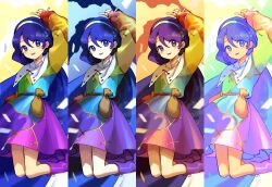  1girl absurdres arm_up blue_eyes blue_hair boots cape commentary_request dress hair_between_eyes hairband highres kaigen_1025 long_sleeves looking_at_viewer medium_hair multicolored_dress multicolored_hairband multiple_views open_mouth patchwork_clothes pointing pointing_up pouch purple_boots rainbow_gradient rainbow_hairband sky_print smile tenkyuu_chimata touhou two-sided_cape two-sided_fabric white_cape 