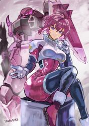  1girl absurdres ahoge beam_rifle black_thighhighs blue_eyes breasts closed_mouth dated directed-energy_weapon double-parted_bangs energy_gun english_commentary foot_out_of_frame gloves gundam gundam_seed gundam_seed_destiny gunner_zaku_warrior gunner_zaku_warrior_lunamaria_custom hair_between_eyes highres holding holding_weapon large_breasts looking_at_viewer lunamaria_hawke mecha mecha_pilot_suit military military_uniform mobile_suit normal_suit_(gundam) offering_hand okrdisk2000 one-eyed one-eyed_mecha open_hand pink_hair robot science_fiction shield short_hair shoulder_spikes sitting smile solo spikes thigh-highs turtleneck weapon white_gloves zaft_uniform 