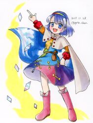  1girl :d ability_card_(touhou) arm_up artist_name aura bag belt blush boots bow brown_bag brown_belt cape cloud_print commentary_request dated dress footwear_bow full_body hair_between_eyes hairband hand_on_own_hip knee_boots long_sleeves looking_at_viewer multicolored_dress multicolored_hairband no_nose one-hour_drawing_challenge open_mouth outstretched_arm patchwork_clothes pink_boots pointing pointing_up proton purple_hair rainbow_gradient rainbow_hairband short_hair simple_background sky_print smile solo split standing standing_on_one_leg standing_split tenkyuu_chimata touhou twitter_username two-sided_cape two-sided_fabric violet_eyes white_background white_cape zipper_pull_tab 