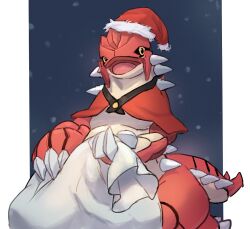  capelet groudon hat holding holding_sack lcshian no_humans open_mouth pokemon pokemon_(creature) pokemon_focus red_capelet sack santa_hat snowing solo yellow_eyes 