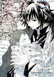  2boys baby carrying carrying_baby carrying_person character_name closed_eyes closed_mouth commentary_request demon_slayer_uniform empty_eyes fingernails greyscale hair_between_eyes haori high_collar highres jacket japanese_clothes kikkoumon kimetsu_no_yaiba long_hair low_ponytail male_focus monochrome multiple_boys ponytail print_haori runa_(ren_rainfall) smile spiky_hair tomioka_giyuu twitter_username upper_body watermark 