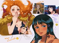  2girls black_hair blunt_bangs blush dark-skinned_female dark_skin fur_trim highres laughing long_hair m1rimorinku multiple_girls nami_(one_piece) nico_robin one_piece orange_hair smile smug upper_body 