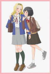  2girls absurdres arm_hug backpack bag black_hair black_hairband black_skirt blazer blonde_hair blue_jacket blush border brown_jacket brown_shoes closed_mouth collared_shirt commentary_request full_body green_socks grey_shoes grey_skirt hairband highres jacket kirarazaka_marina kuze_shizuka loafers long_hair massa79 multiple_girls neck_ribbon open_mouth pink_border pleated_skirt red_ribbon revision ribbon scar scar_on_cheek scar_on_face school_bag school_uniform shirt shoes short_hair simple_background skirt smile socks takopii_no_genzai white_background white_shirt yellow_eyes yuri 